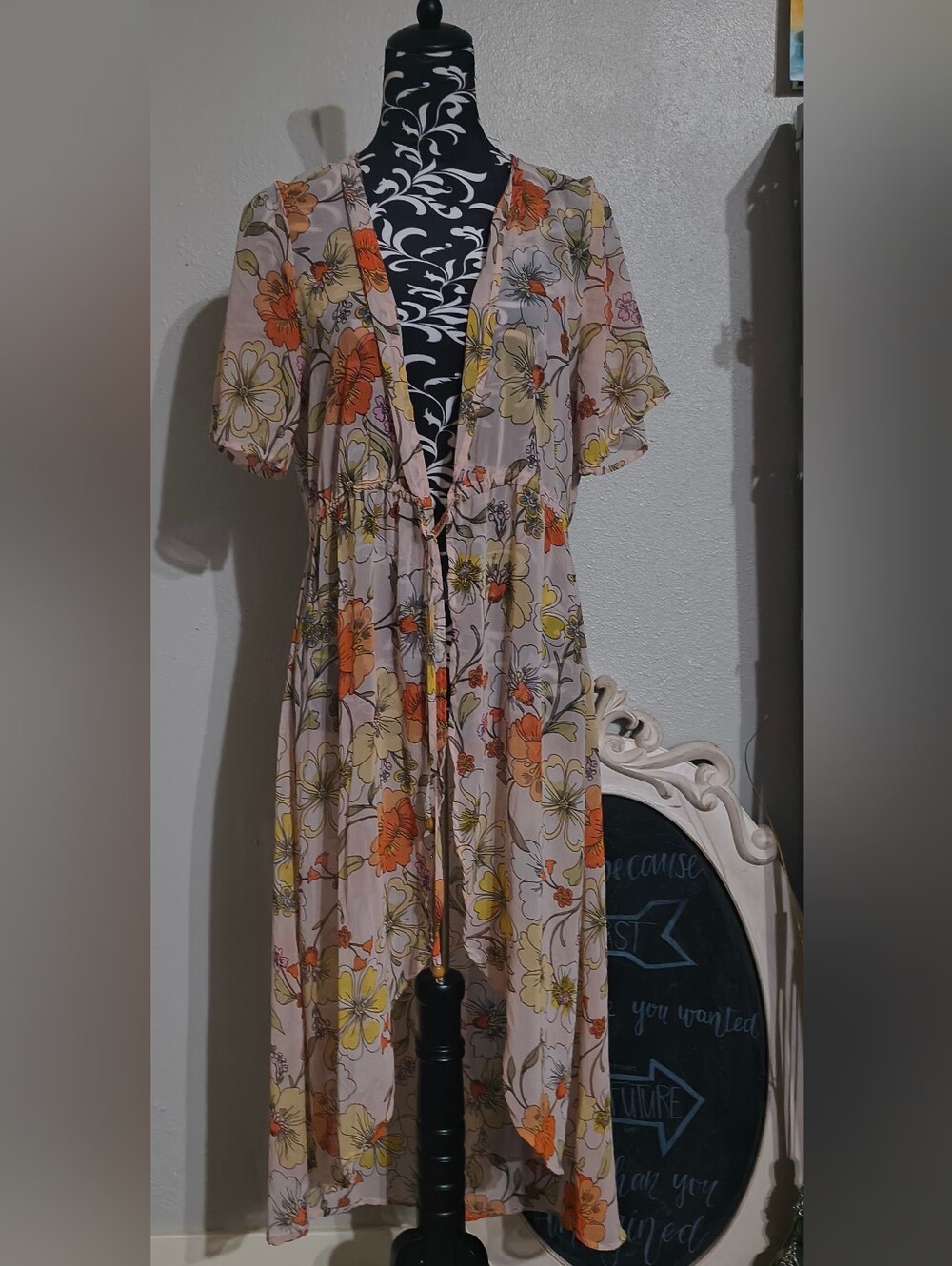 Floral Tie-Waist Kimono in Beige with Orange & Yellow Flowers
